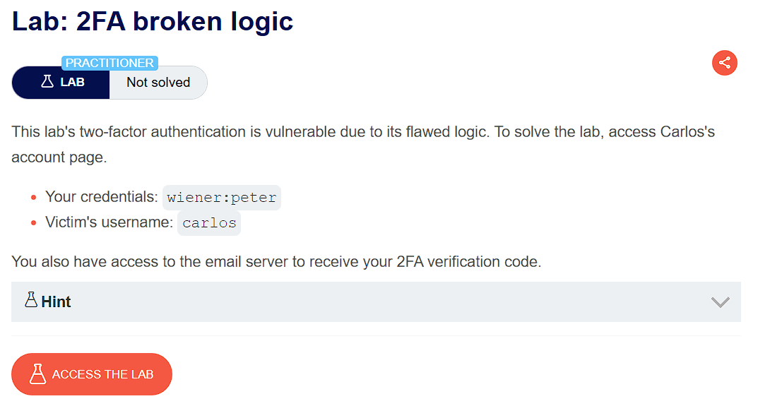 PortSwigger lab banner: Broken 2FA login relying on client-side verify cookie