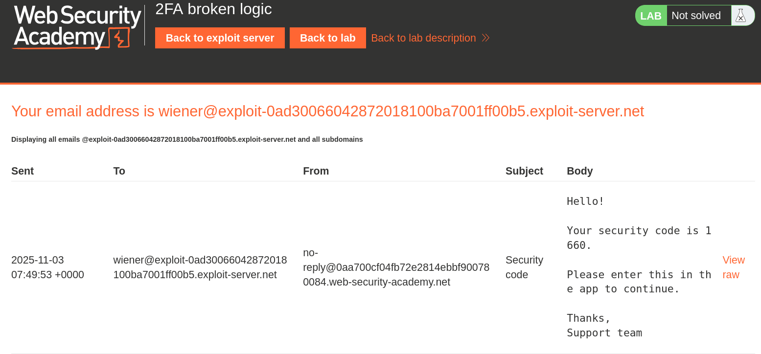 Email client view showing OTP sent to wiener