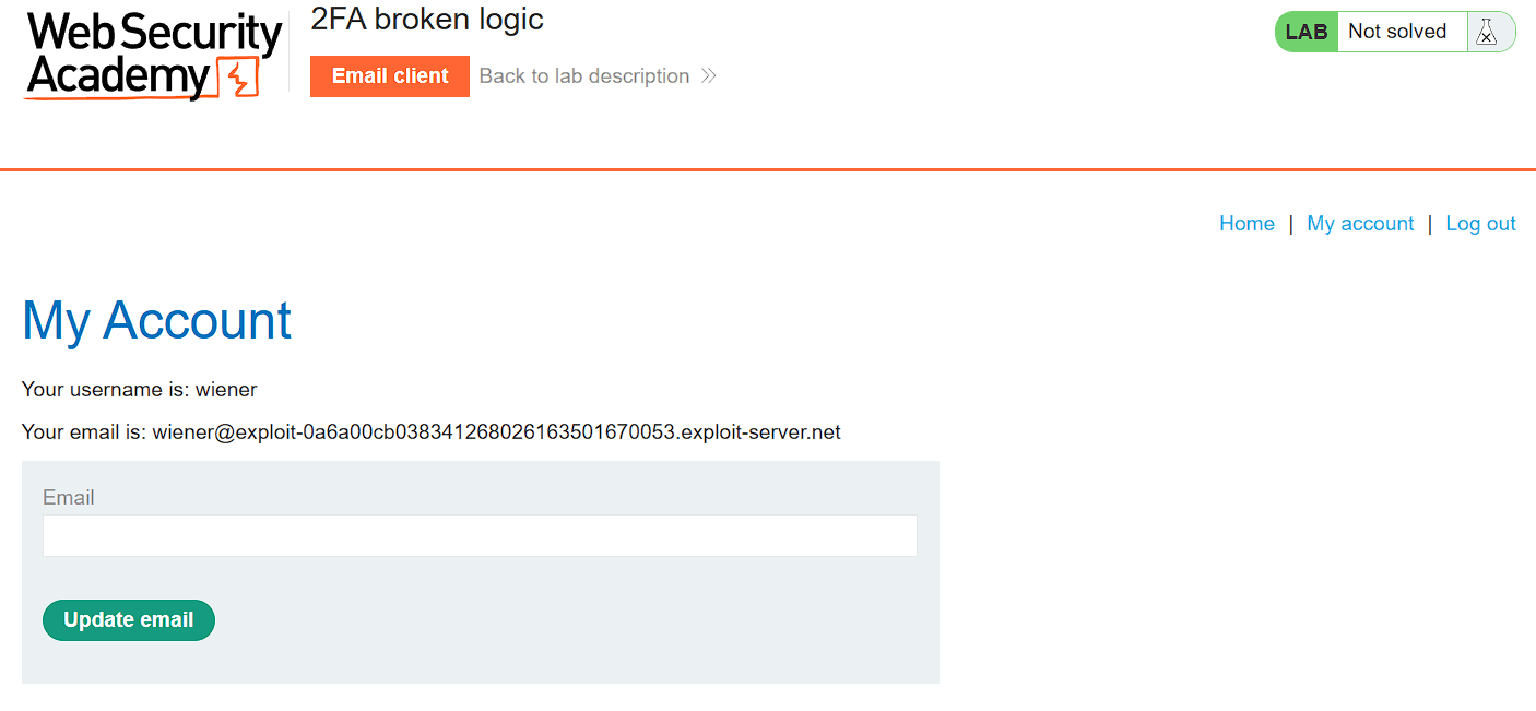 Account page after successful 2FA for wiener