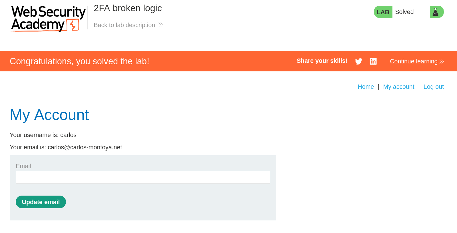 Browser view of account page after navigating to /myaccount?id=carlos without completing 2FA