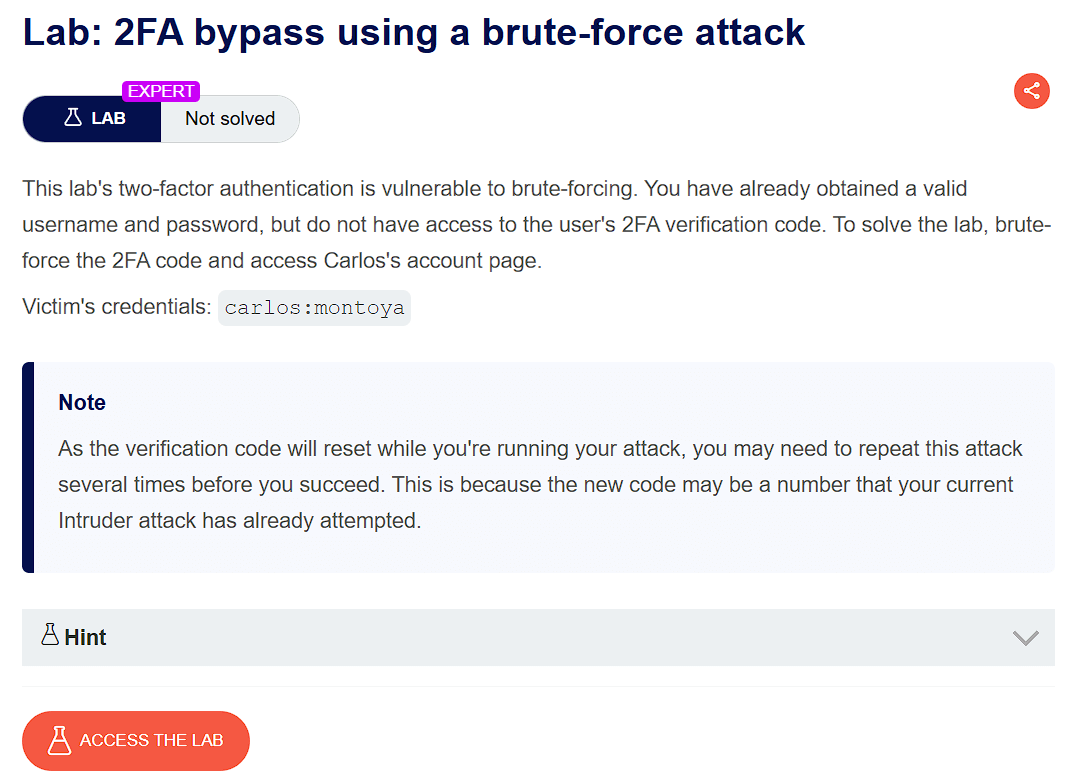PortSwigger lab banner: 2FA bypass using a brute-force attack