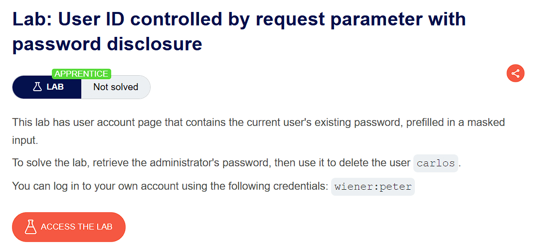 PortSwigger lab banner: UserID controlled by request parameter with password disclosure