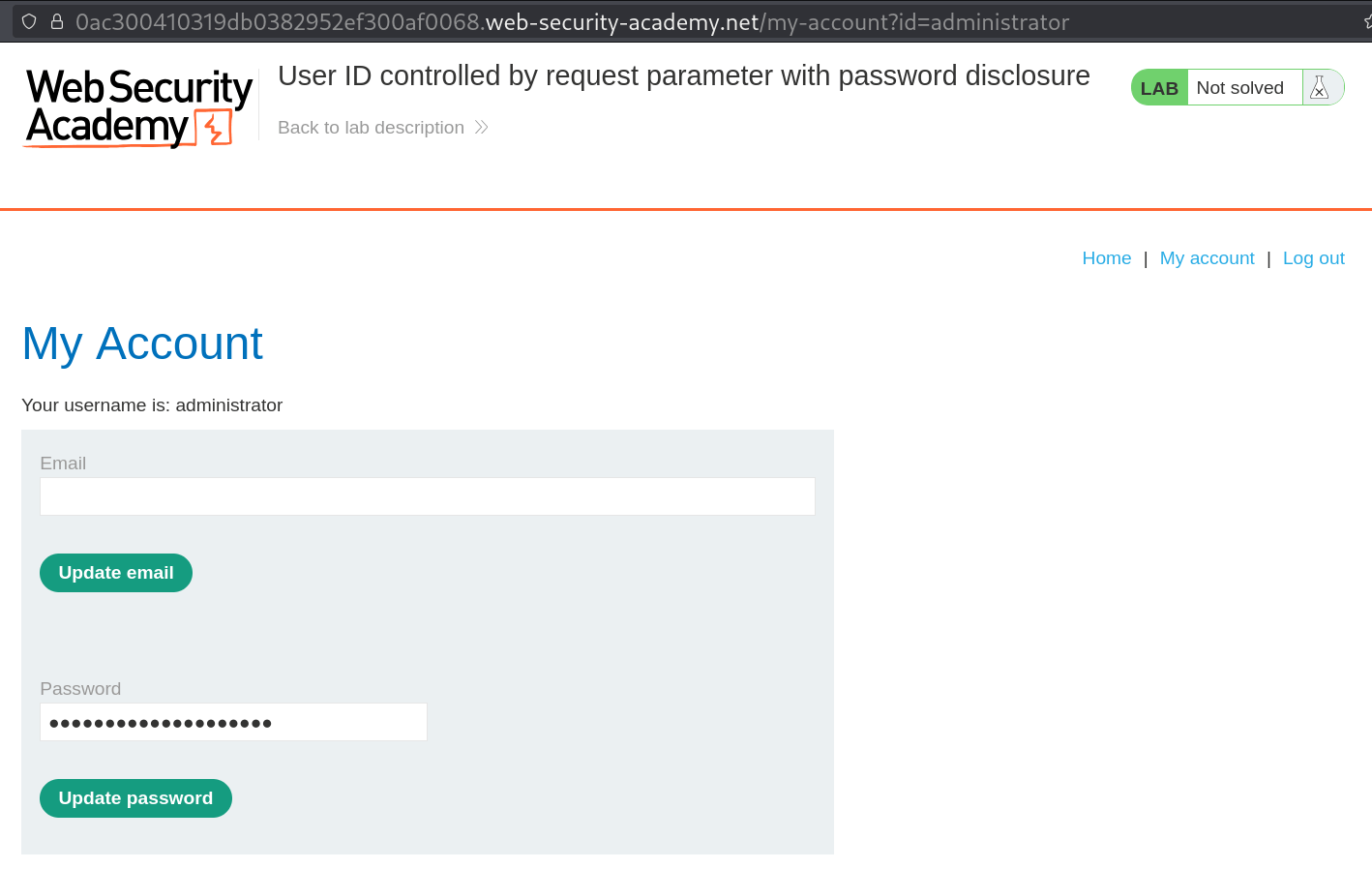 Administrator account page accessed via parameter tampering showing prefilled masked password