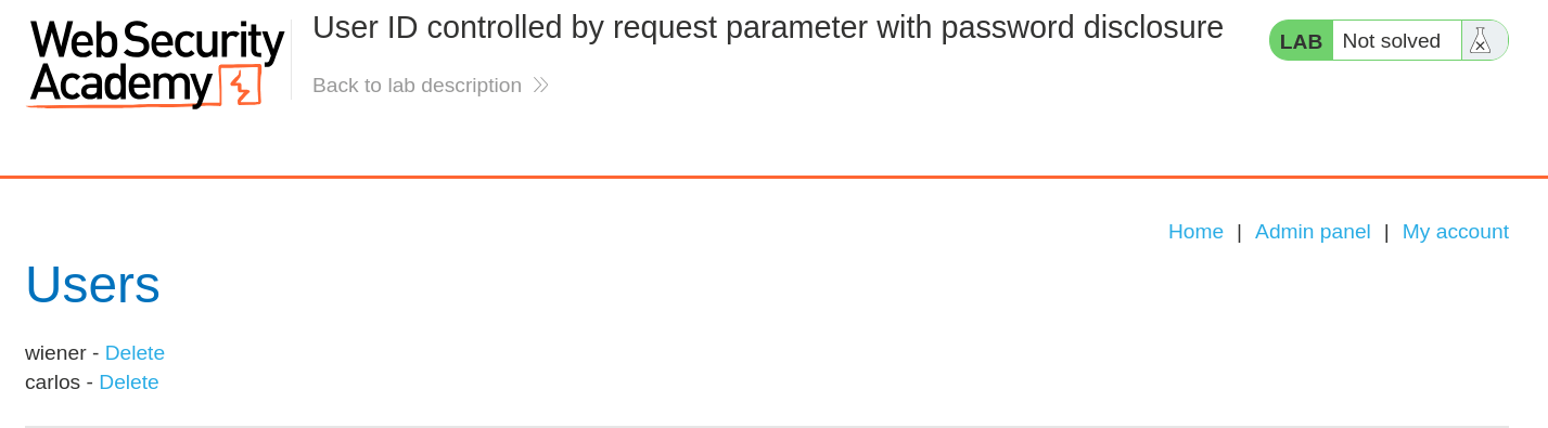 User list in admin panel with delete options for all users including carlos