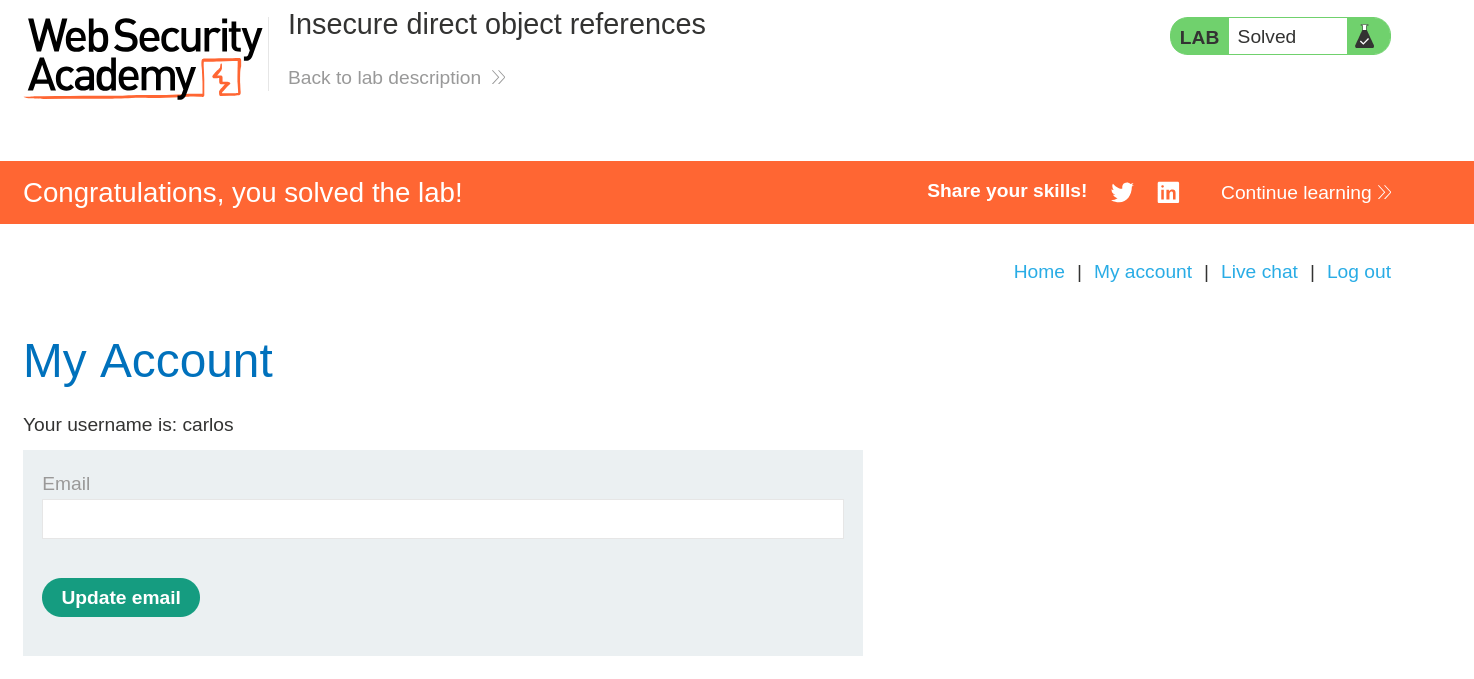 Lab solved confirmation page after successfully logging in as carlos