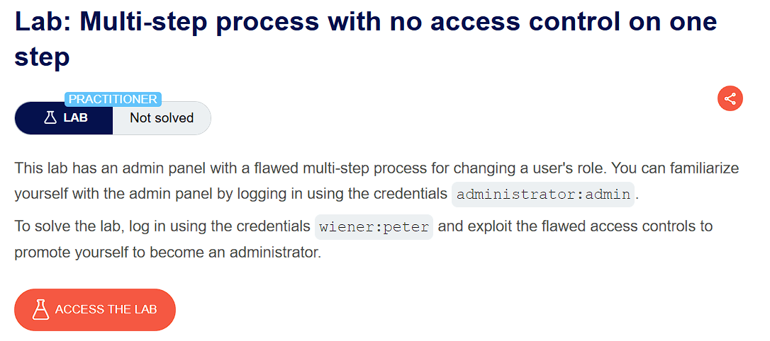 PortSwigger lab banner: Multi-step process with no access control on one step