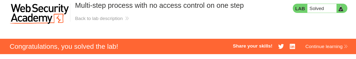Lab solved confirmation after successfully promoting wiener to administrator