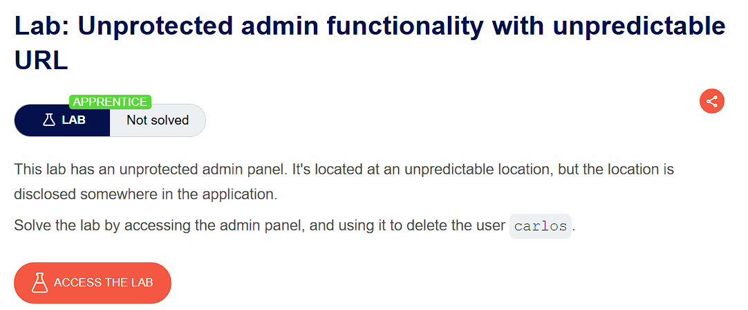 PortSwigger lab description page for Broken Access Control - Unprotected admin functionality with unpredictable URL