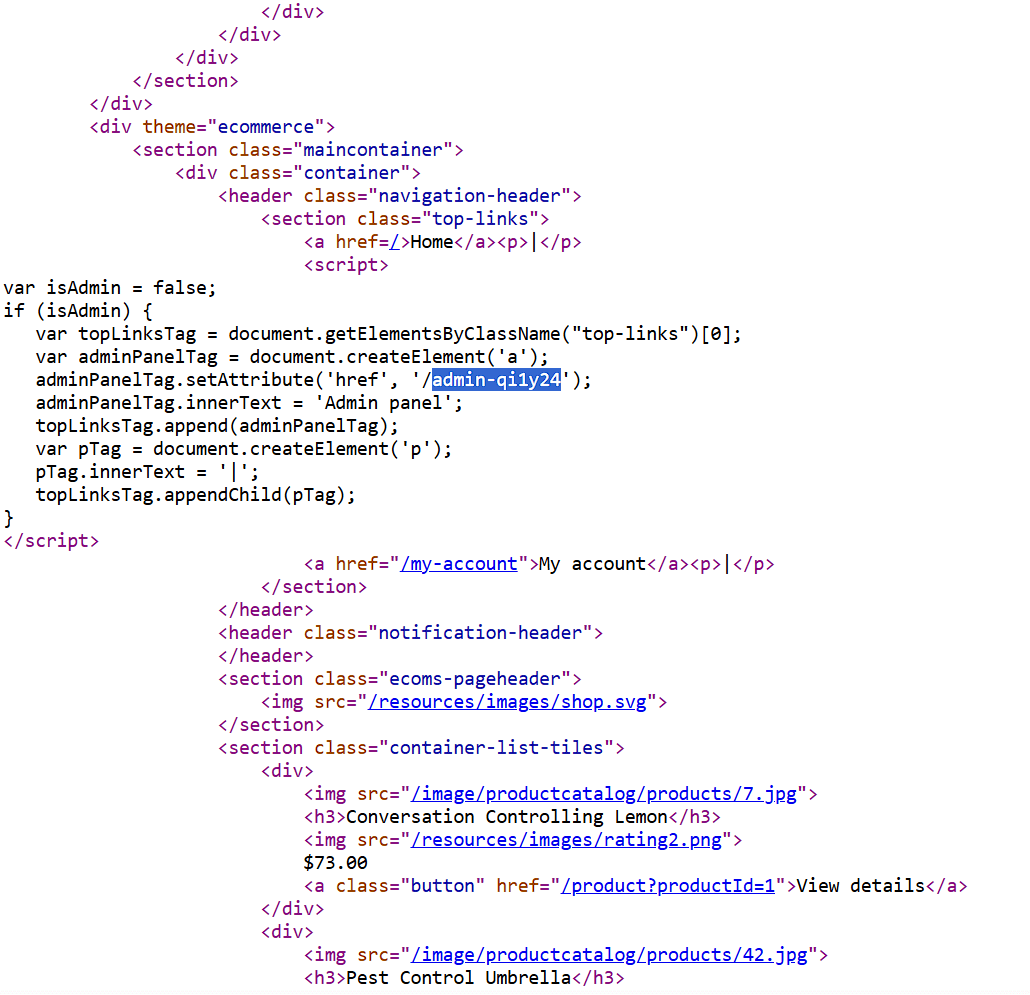 Browser developer tools showing JavaScript source code with admin panel URL exposed in isAdmin check