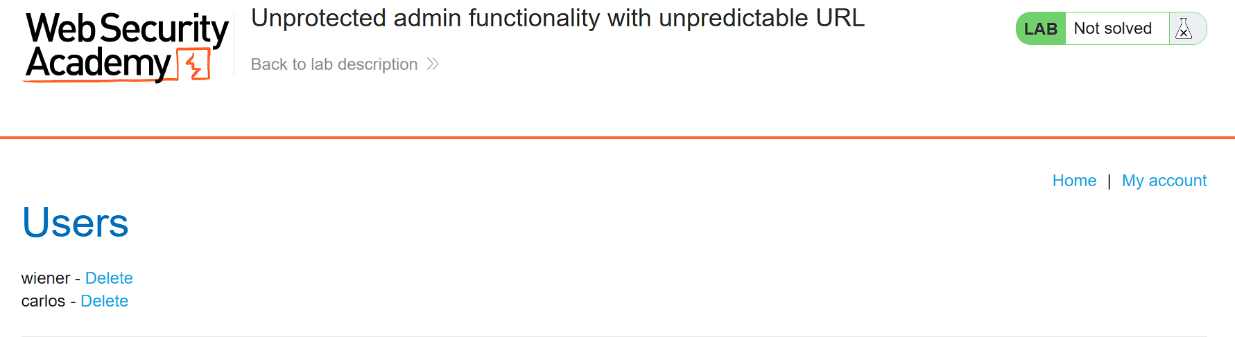 Admin panel dashboard showing user list with delete options for wiener and carlos accounts