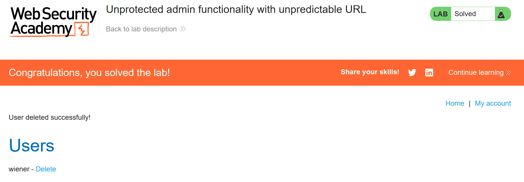 Lab solved confirmation message after successfully deleting carlos user account