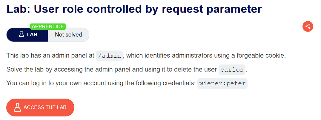 PortSwigger lab description page for Broken Access Control - User role controlled by request parameter