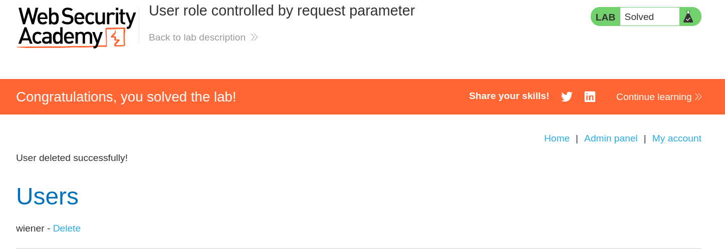 Lab solved confirmation message displayed after successfully deleting carlos user account