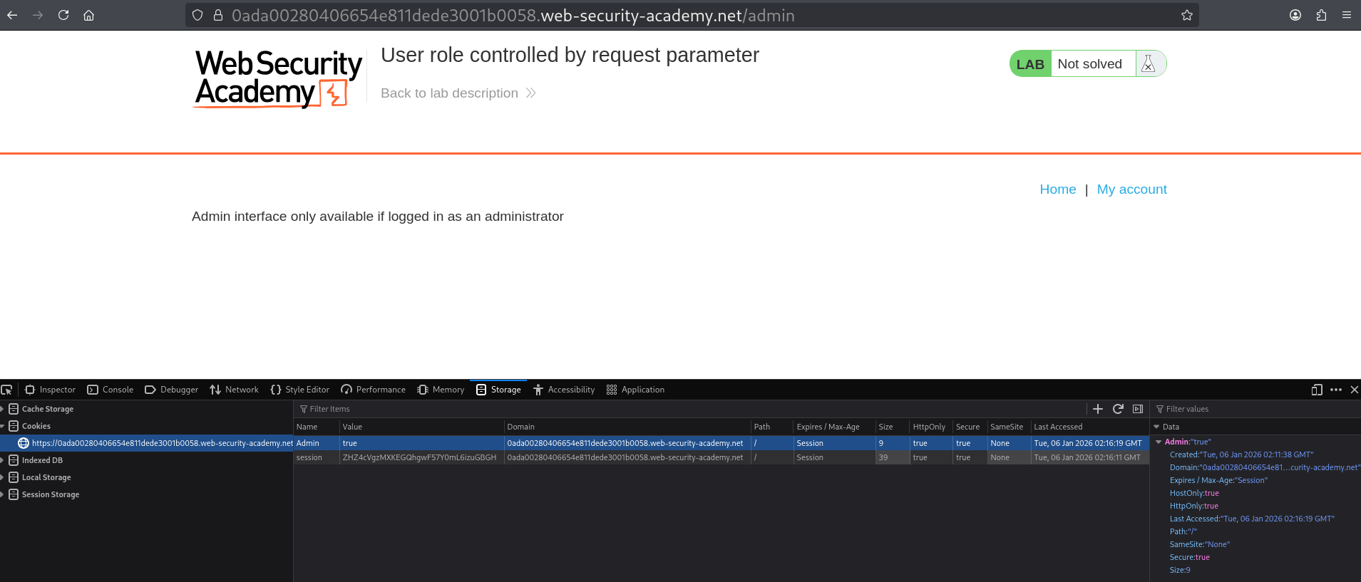 Browser developer tools console showing cookie modification from Admin=false to Admin=true