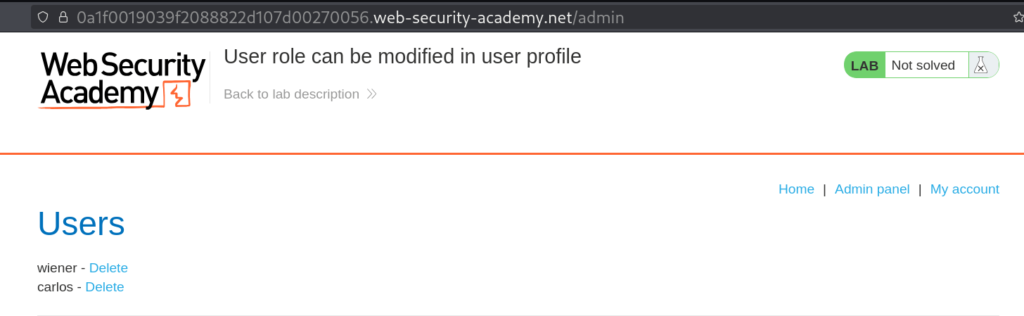 Admin panel successfully accessed showing user management interface with delete options for wiener and carlos