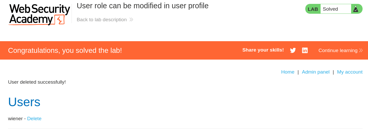 Lab solved confirmation message after successfully deleting carlos user account