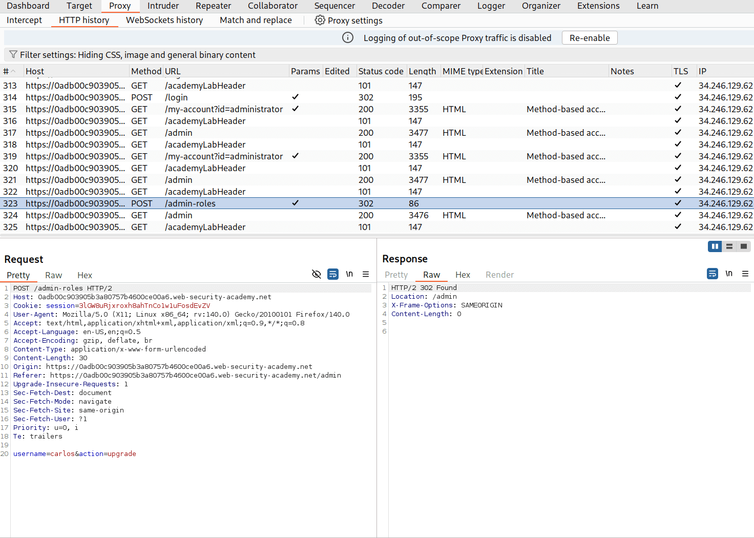 Burp Suite HTTP history showing POST /admin-roles endpoint used to change roles