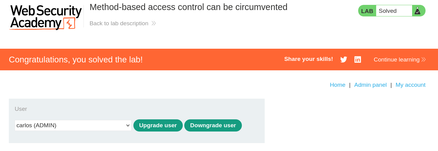 Lab solved confirmation after promoting wiener to administrator