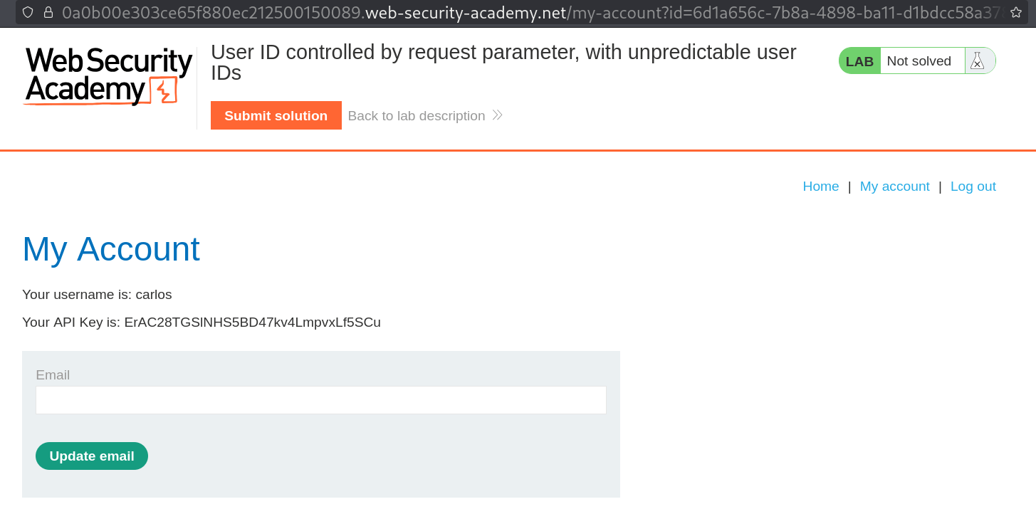 User account page for carlos accessed by pasting discovered user ID in parameter