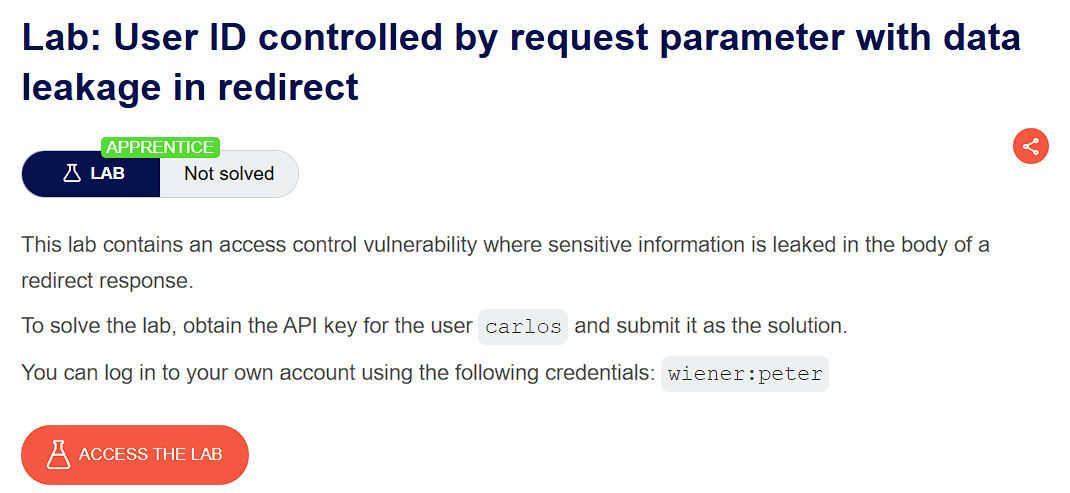 PortSwigger lab banner: User ID controlled by request parameter with data leakage in redirect