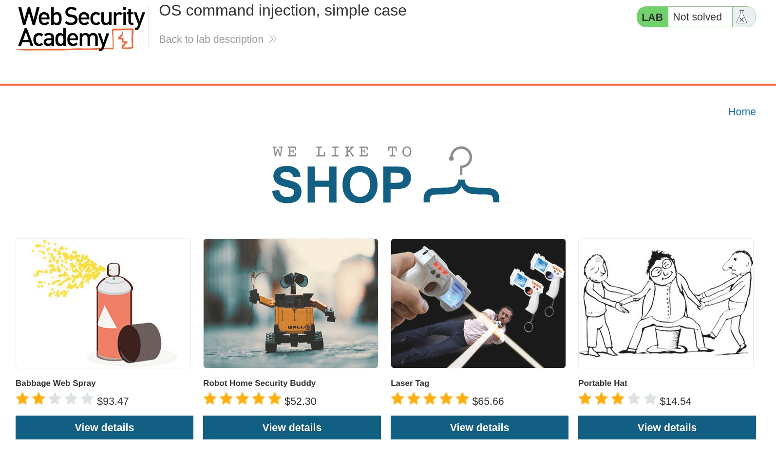 Command injection lab instance showing vulnerable shopping site