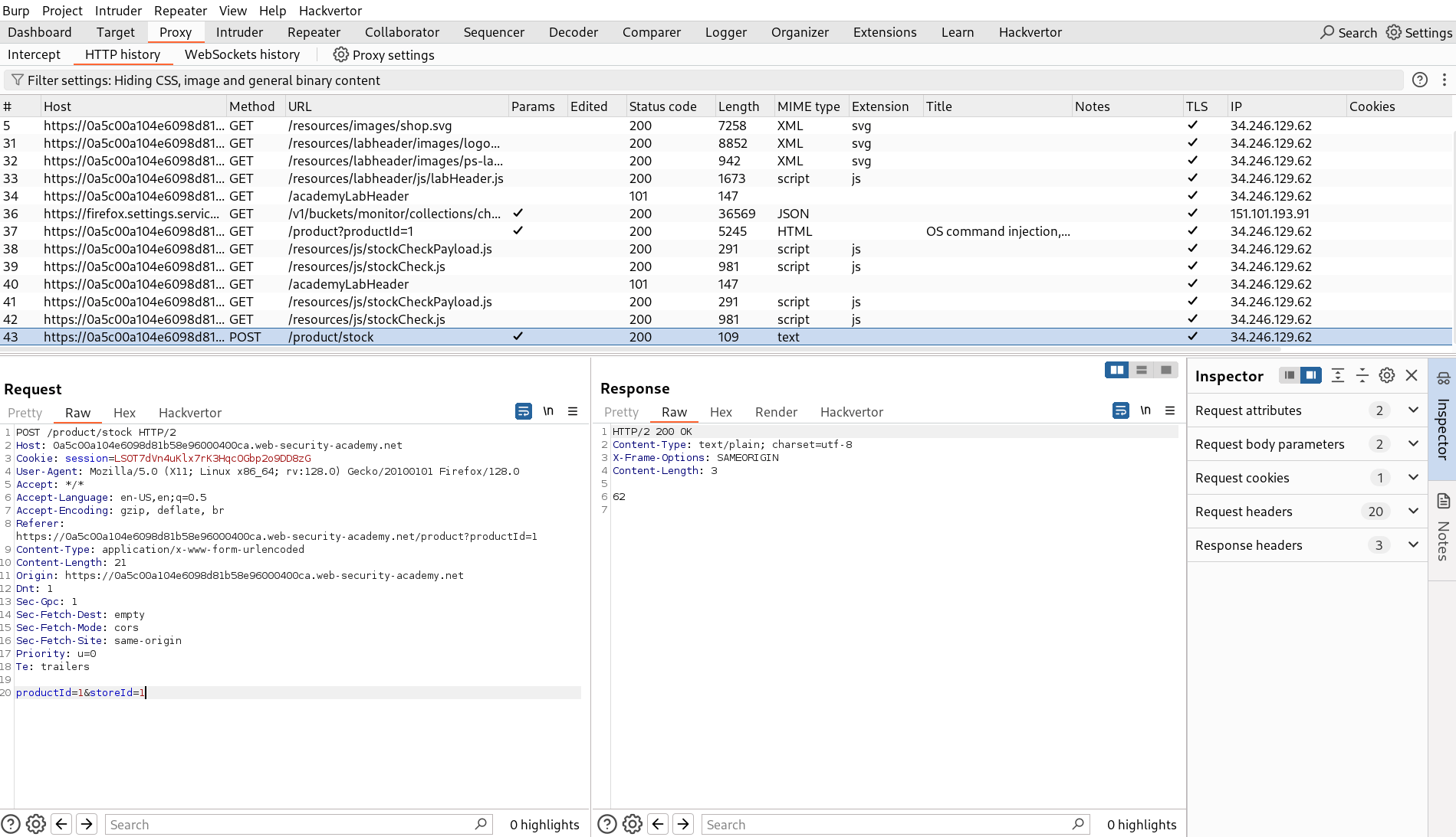 BurpSuite Repeater showing intercepted stock check request with storeId parameter