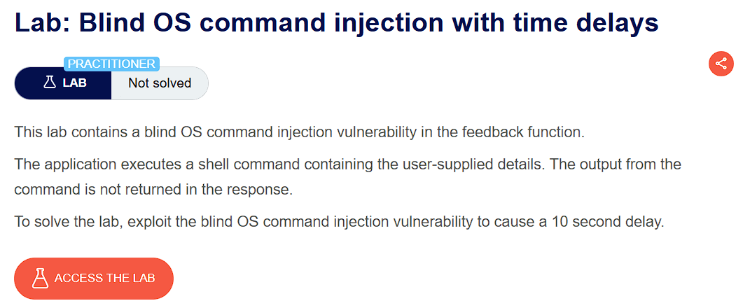 PortSwigger lab description page for Blind Command Injection – Time Delays