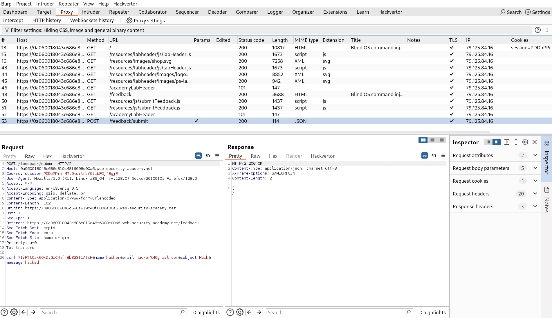 BurpSuite Repeater showing intercepted feedback POST request with email parameter