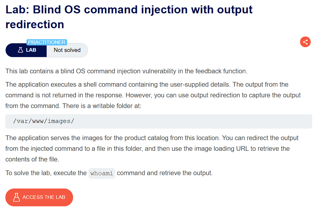 PortSwigger lab description page for Blind Command Injection – Output Redirection