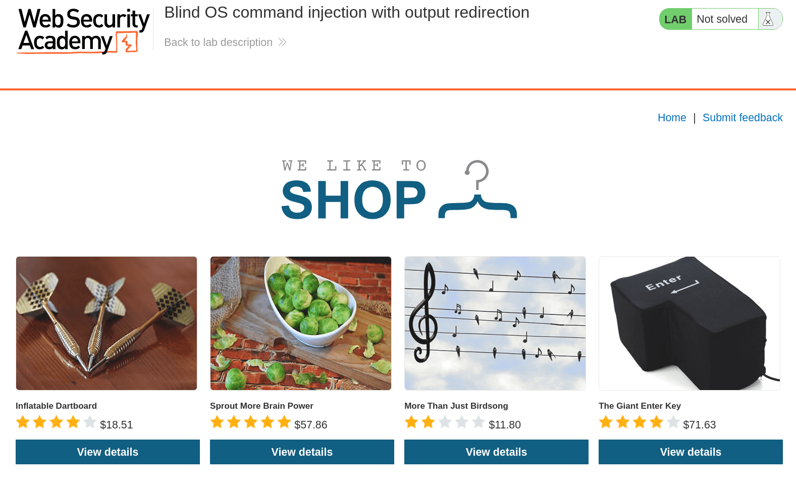 Lab instance showing Shopping website interface with feedback page