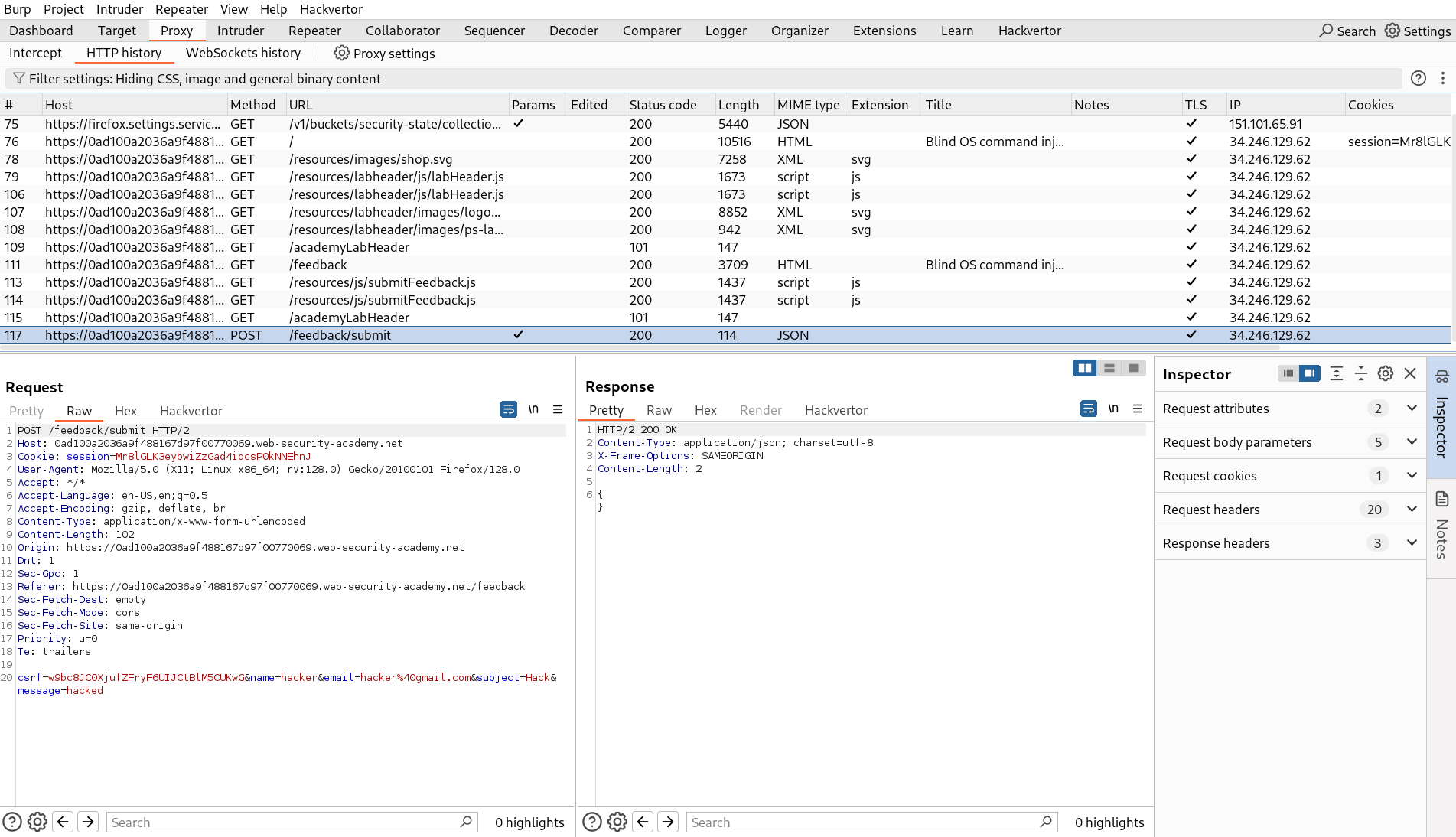 BurpSuite Repeater showing intercepted POST request with email parameter for injection