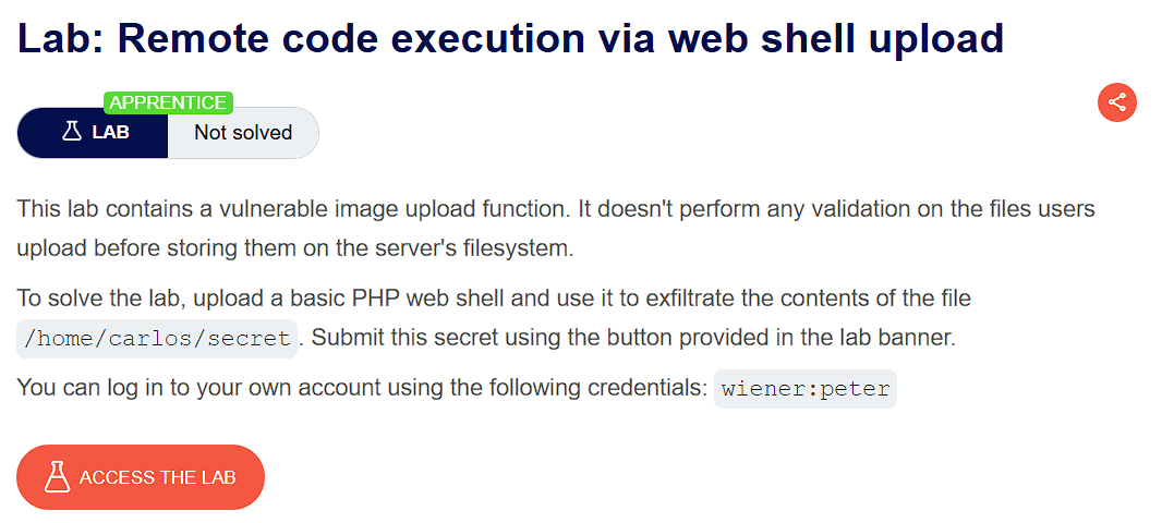 PortSwigger lab banner: Remote code execution via web shell upload