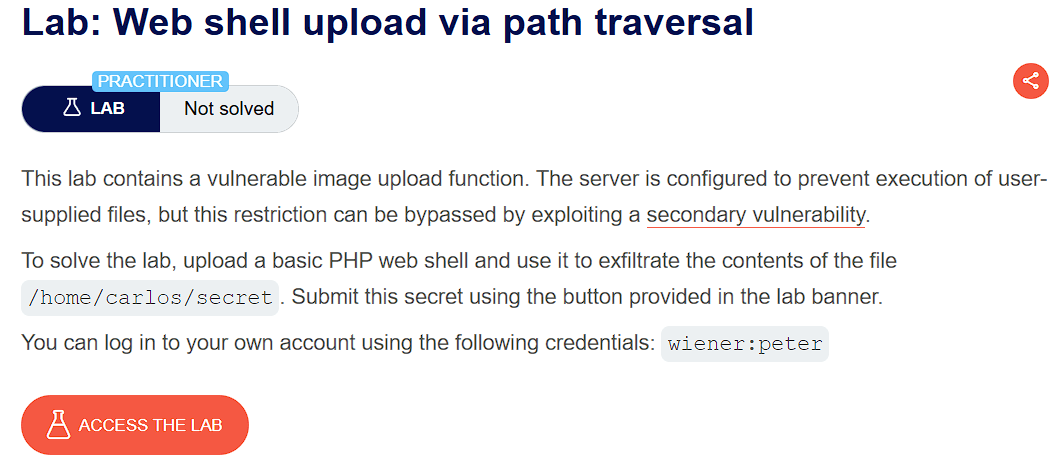 PortSwigger lab banner: Web shell upload via path traversal