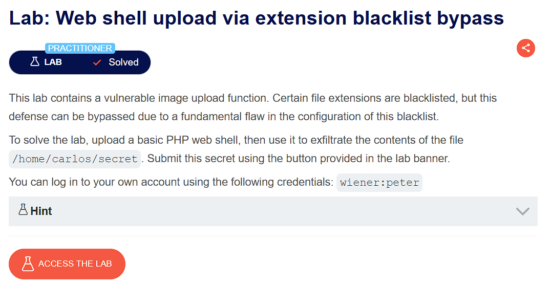 PortSwigger lab banner: Web shell upload via extension blacklist bypass