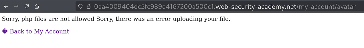 Upload rejection message showing .php extension is blacklisted