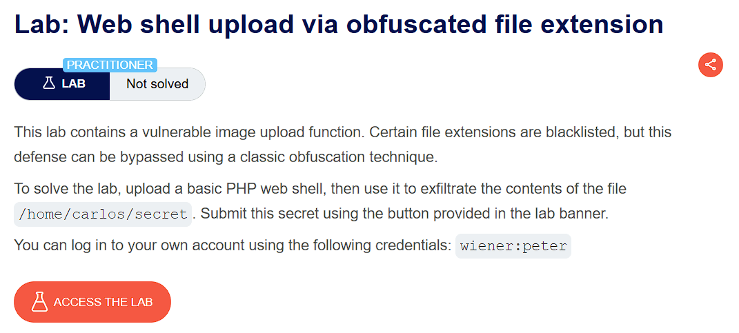 PortSwigger lab banner: Web shell upload via obfuscated file extension