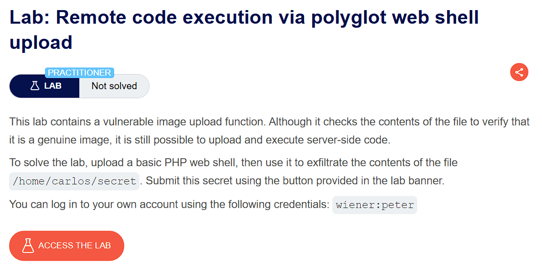 PortSwigger lab banner showing polyglot file upload technique for RCE